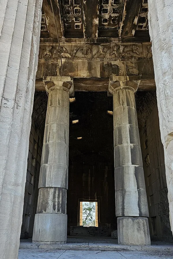 Fluted Doric columns of the Temple of Hephaestus from below