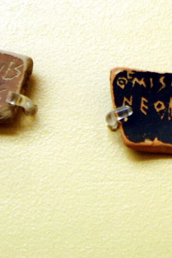 Ostraka — inscribed pot shards used as ballots — in the Agora museum